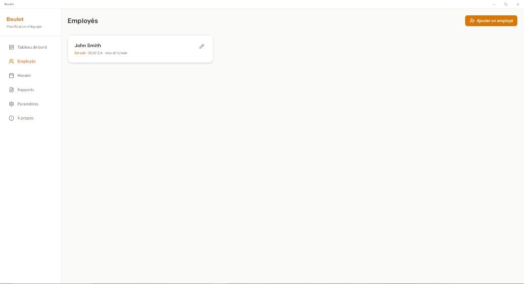 Page de gestion des employés dans Boulot