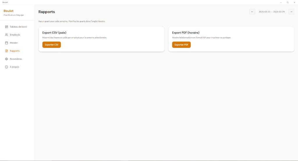 Page des rapports dans Boulot