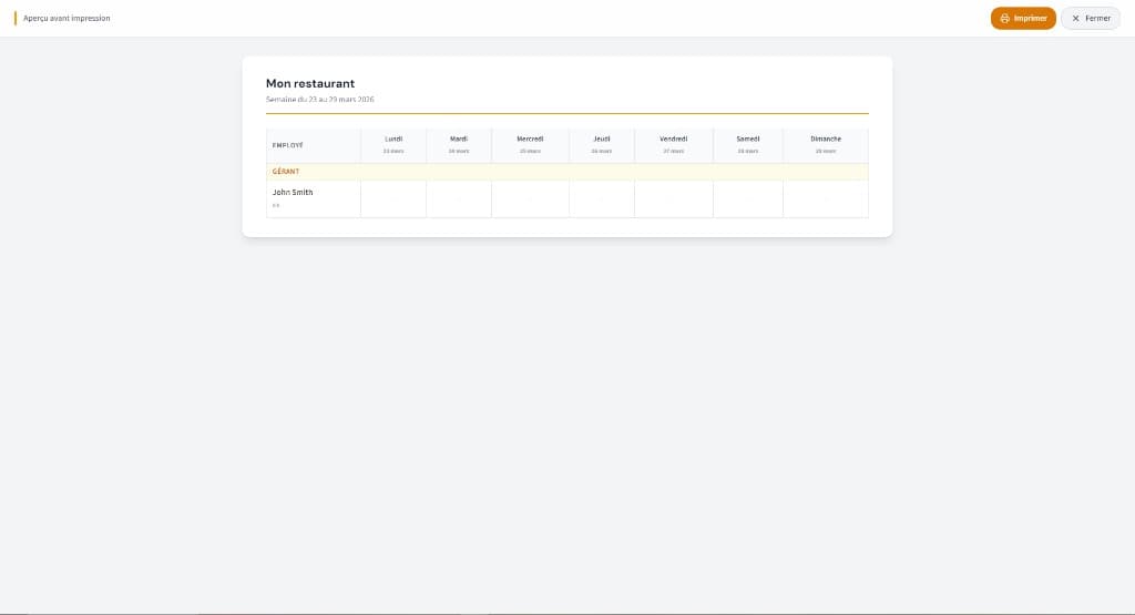 Aperçu avant impression de l'horaire dans Boulot