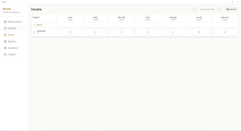 Vue de l'horaire hebdomadaire dans Boulot